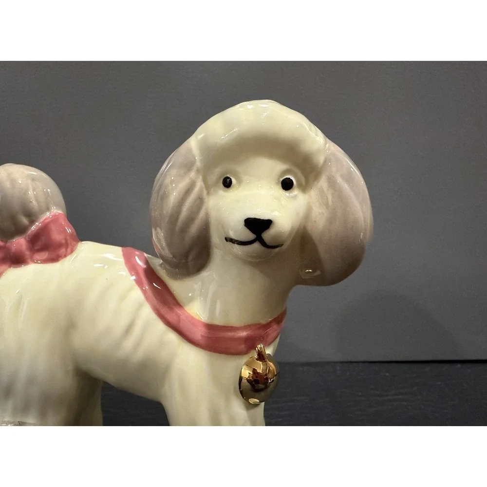 Anthropologie Ceramic Cream Poodle Dog Figurine Pink Bow Japan Novelty Decor